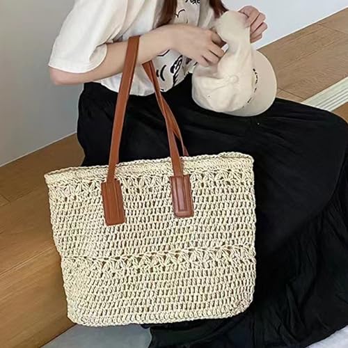Bolso de paja para playa para mujer, bolso tote grande para vacaciones, bolso tejido con asa para hombro, color beige miniatura 5