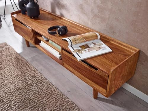 Image of Solid Wood TV Unit for Living Room 55 Inch Furniture - Wooden TV Unit with Storage Cabinet with 2 Door, 2 Open Shelves Wooden TV Cabinet for Living Room - Fits up to 55-Inch TV (Adam)