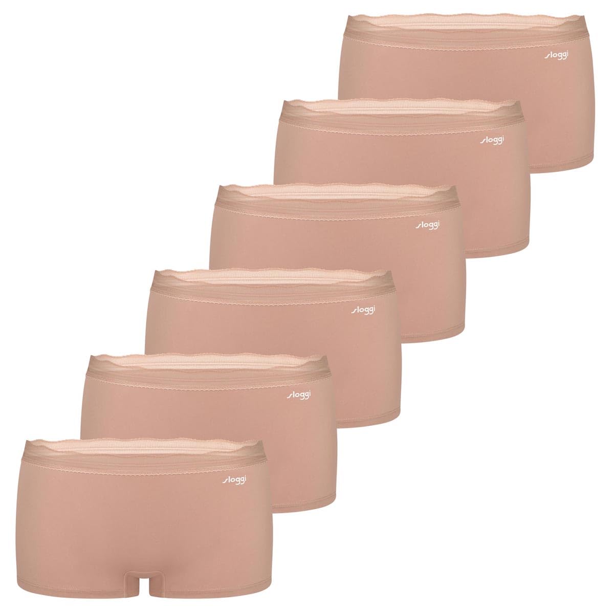 Sloggi 6er Pack Damen Short Slip Go Blush – Feminine Spitze mit Bogenkante, Weiches Material, Hoher Elegant