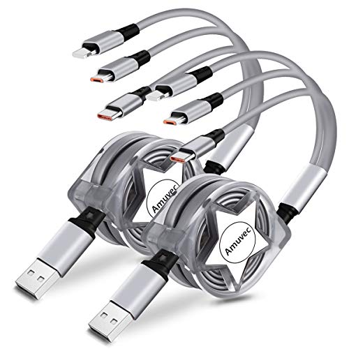 Amuvec 3 en 1 Cable Carga USB Retráctil,Multi Carga Rápida con IP/Tipo C/Micro USB para Phone XS XR Samsun Galaxy S10 S9 S8 Sony Google Pixel Huawei Honor LG Xiaomi HTC Móvil Teléfono y Más(2paquete)