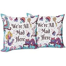 Ambesonne Alice in Wonderland Throw Pillow Cushion Cover Pack of 2, We are All Mad Here Words with Caterpillar White Rabbit Cheshire Cat, Zippered Double-Side Digital Print Decor, 18", Purple Blue