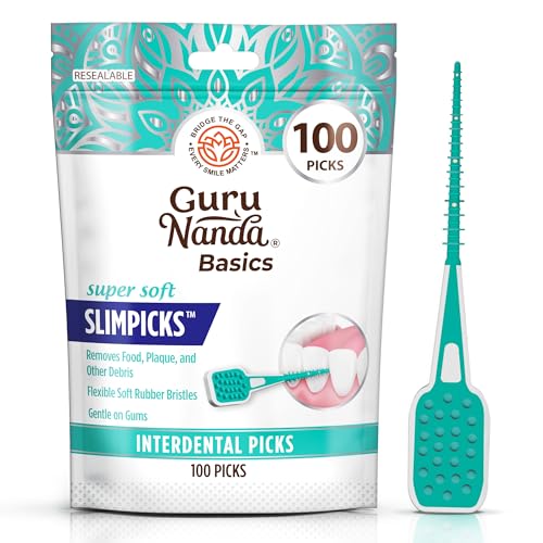 GuruNanda Interdental Picks (Pack of 100), Super Soft & Flexible Rubber Bristles, Dental Floss Picks to Remove Food Debris, Plaque & Go Gentle on Gums