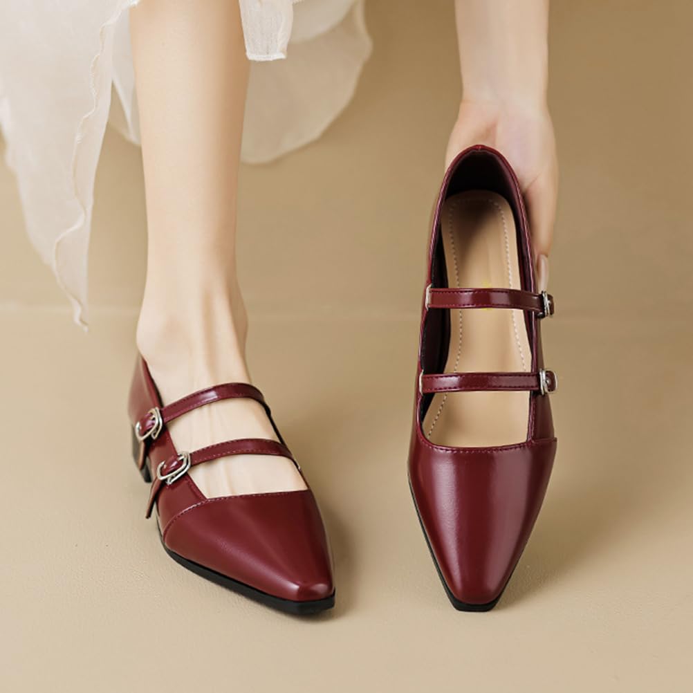 Damskie buty z podwójnym paskiem Mary Jane Flats, szpiczasty nosek z klamrą - dostępne w kolorze morelowym, czarnym i bordowym