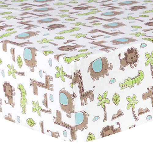 Trend Lab 100% Cotton Safari Animals Deluxe Flannel Fitted Crib Sheet, Brown/Blue/Green/White , 28x52 Inch (Pack of 1)