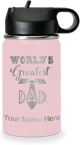 Miniatura 72 de LaserGram Botella de agua personalizada, World's Greatest Dad, acero inoxidable de doble pared aislada al vacío con popote superior, regalo grabado
