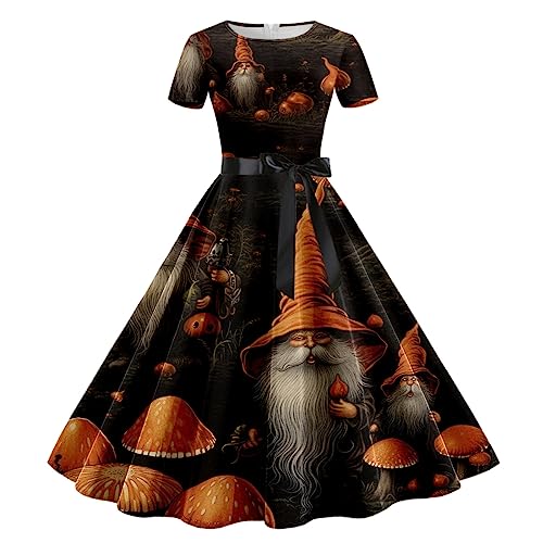 Generisch Halloween Kostüm Damen Damen-Kleid mit lässigem Print, Rundhalsausschnitt, kurzen Ärmeln, abnehmbarem Bund (Orange, L)