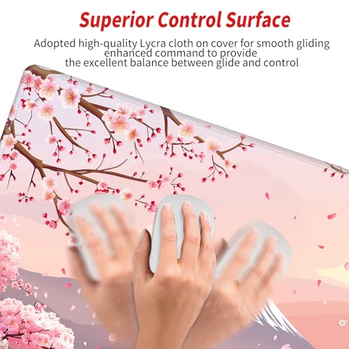Image of Gaming Mouse Pad Large Mousepad Cherry Blossom Desk Mat XXL Big Desk Pad 31.5x15.75 Rubber Base Pink Sakura Computer Pad with Stitched Edges Mouse Mat for Work Home Office