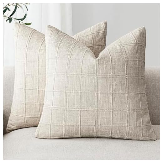 Foindtower Set of 2 Decorative Linen Check Throw Pillow Covers Neutral Farmhouse Vintage Cushion Covers Modern Boho Home Decor for Sofa Chair Couch Bedroom Living Room,18×18 Inch,Natural Beige