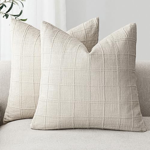 Image of Foindtower Set of 2 Decorative Linen Check Throw Pillow Covers Neutral Farmhouse Vintage Cushion Covers Modern Boho Home Decor for Sofa Chair Couch Bedroom Living Room,18x18 Inch,Natural Beige