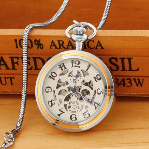 Image of Unique Ball Shaped Uncovered Mechanical Pocket Watch for Men, Roman Digital Dial Mechanical Pocket Watch with Chain