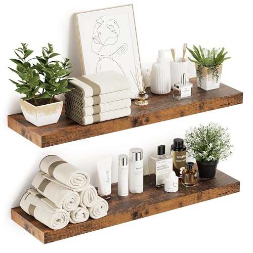Vivelove Floating Shelves 10 inches Deep, Long 36 x 10 x 1.8 Wall Shelves for Bedroom, Living Room, Kitchen, Office, Bathroom Farmhouse Shelf Home Decor with Invisible Bracket, Rustic Brown