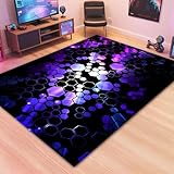 Gamer Area Rug 5x8ft Optical Illusion Geometric Hexagon Abstract Carpet Gaming Living Room Rugs Honeycomb Decorative Carpet Purple and Black Geometric Indoor Floor Mat for Bedroom Bedside