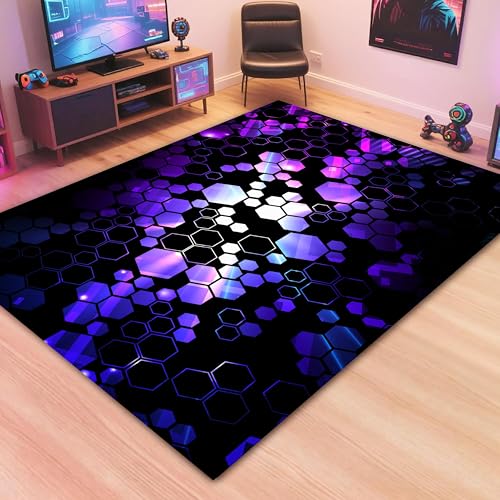 Gamer Area Rug 5x8ft Optical Illusion Geometric Hexagon Abstract Carpet Gaming Living Room Rugs Honeycomb Decorative Carpet Purple and Black Geometric Indoor Floor Mat for Bedroom Bedside