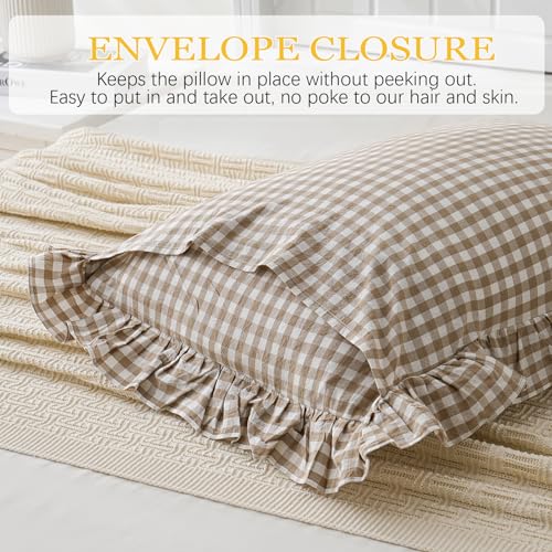 2 Pack Taupe White Plaid Gingham Ruffle Pillow Shams Standard Size 20x26 inches, 100% Washed Cotton Checkered Farmhouse Pillow Covers for Bed/Sofa (20x26 inches,Taupe/White Plaid)
