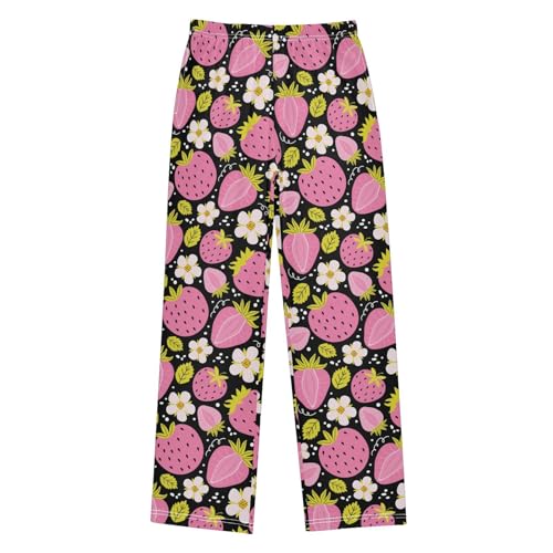 Pink Strawberry Florals Boys Long Pants Soft Trousers Elastic Waist Kids Lounge Bottoms with Pockets S-XL