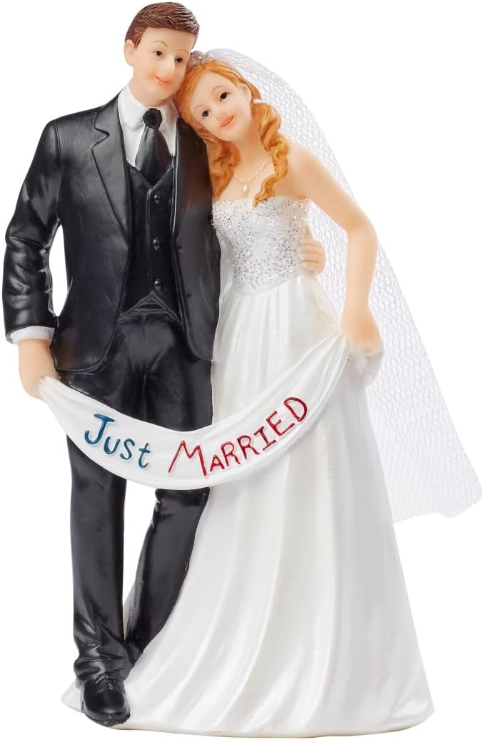 “Just Married” Cake Figurine - 13.5 cm High Wedding Couple / Bride and Groom with Banner - Cake Decoration for Wedding Cakes