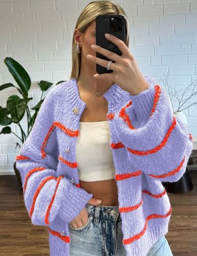 Image of QIBABU Womens Striped Cardigan Sweaters Casual Open Front Long Sleeve Button Down Knit Outwear