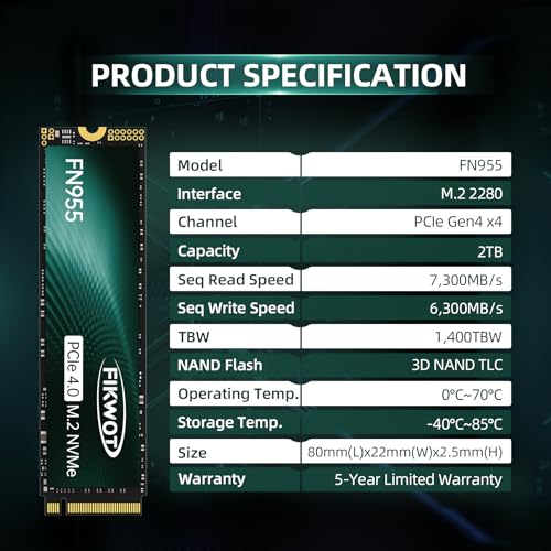 Fikwot FN955 2TB NVMe SSD M.2 2280 PCIe Gen4x4, Up to 7300MB/s, 3D NAND TLC Flash Internal Solid State Drive, Configure SLC Cache, Storage and Memory Expansion for PS5 Laptop Desktop - Image 7
