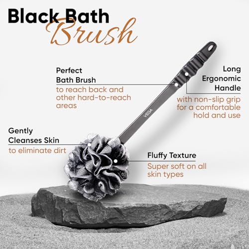 Image of Vega Luxury Black Bath Brush with Long Handle | Ultra Soft & Firm Bristles | Body Scrubber for Dead Skin Removal, Back & Full Body Cleaning | Exfoliating Back Bath Brush for Men & Women (BA-1 /8)