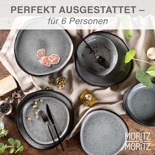 Moritz & Moritz Steingut Geschirrset 6 Personen Grau 18-Teilig - Steingut Teller Set bestehend aus 6x Dinnerteller, 6x Dessertteller, 6x Suppenteller - Serie Organic – Bild 2