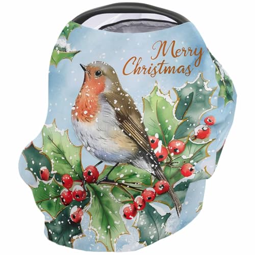 Nursing Cover for Breastfeeding Scarf, Realism Bird Berries Winter Xmas Baby Car Covers Super Soft Multi Use for Canopy Shopping Cart Cover Blanket Stroller Cover