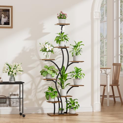 Image of Plant Stand Indoor with Grow Lights - Lighted Plant Shelf Indoor, 64.5 inch Tall Corner Plant Stands for Indoor Plants, 9 Tiered Tree-Shaped Flower Shelf Metal Holder for Living Room, Bedroom, Black