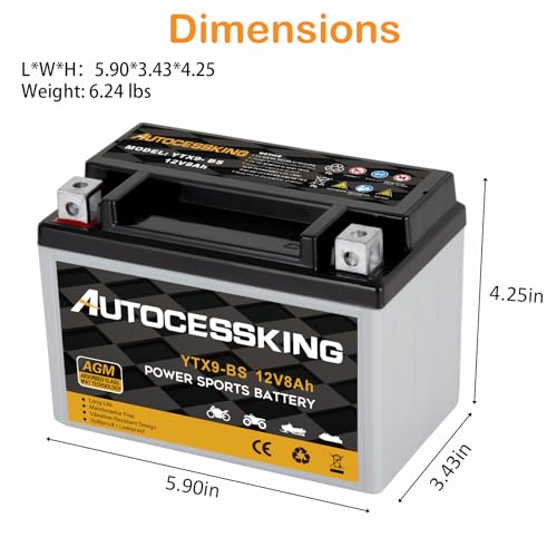 Image of YTX9-BS 12V 8Ah Motorcycle Battery, Rechargeable Sealed AGM Battery Maintenance Free Powersport Replacement Battery for ATV and Scooter