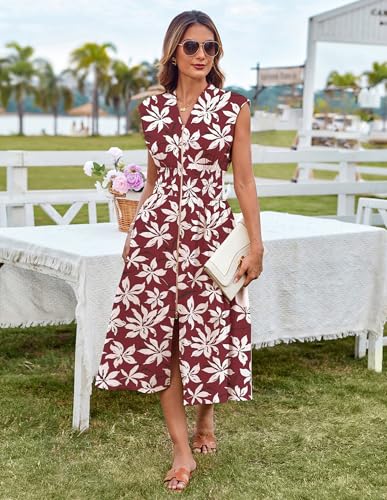 Image of GRACE KARIN Business Casual Dresses for Women 2026 Summer Flowy Boho Vacation Sundress Burgundy Floral 2XL