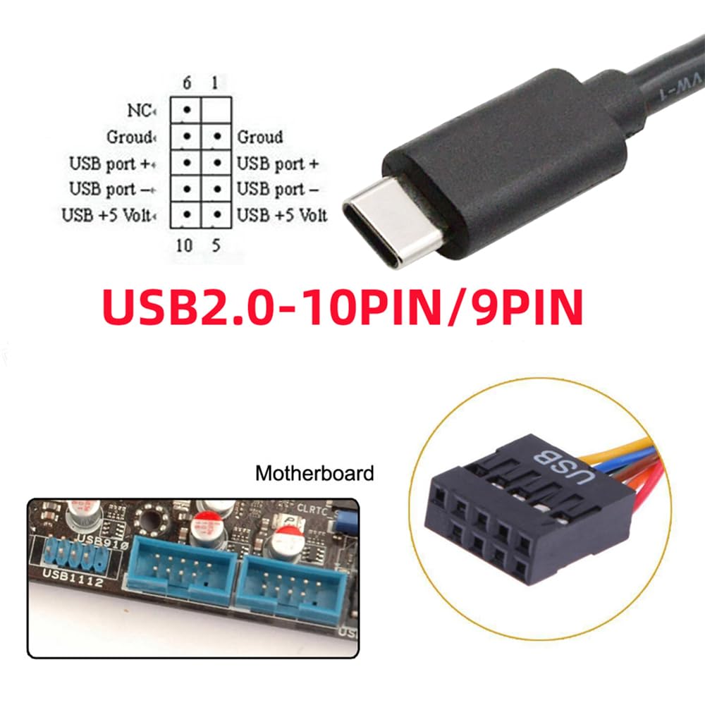 NFHK USB 2.0 Adapterkabel – 9-polig/10-polig Mainboard Auf USB-C, 50 Cm, Für Mini-Monitor, Sensoren & Kameras
