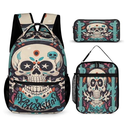 3Pcs Backpack Sets Rock Skull Print Travel Daypack 3 in 1 Lightweight Backpack Set with Lunch Bag And Cosmetic Bag