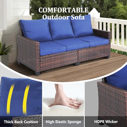 TARKARI All Weather Patio Couch, 3 Seat Outdoor Couch with High Curved Back and Blue Thick Cushions, Premium Outside Patio Couch with Black and Brown Wicker for Garden, Backyard, Porch - Thumbnail 6