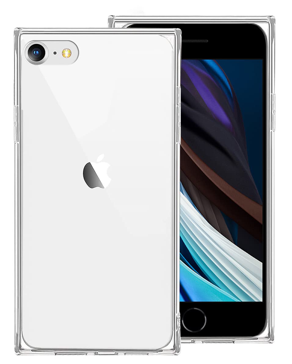 iDLike for iPhone SE 2022 Case, iPhone SE 2020 Case, iPhone 8/7 Case, Clear Square Design Soft TPU Protective Phone Case with Reinforced Squared Corners, Crystal