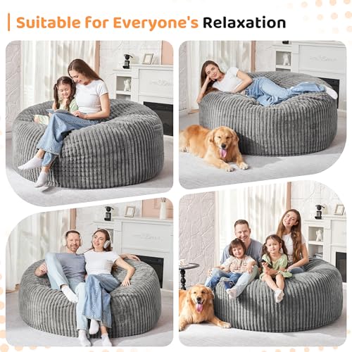 Image of HABUTWAY 4FT Bean Bag Chair, 4' Large Bean Bag Chairs for Adults with Removable Stripe Plush Cover, Memory Foam Beanbag Chair for Living Room Bedroom Dorm (Grey)