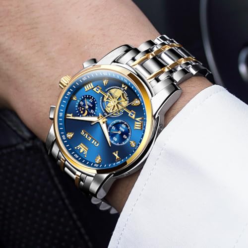 OLEVS Watch for Men Skeleton Analog Quartz Chronograph Diamond Watches Stainless Steel Moon Phase Calendar Waterproof Wrist Watch (Image - 5)
