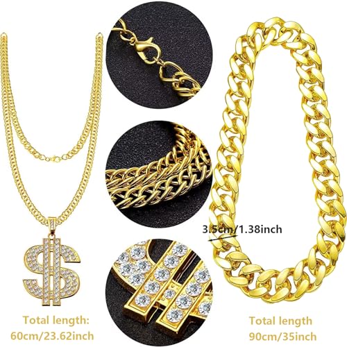 DONGZQAN 8 Stück Gangster Zuhälter Kostüm Goldkette Fasching, Hip Hop Rapper Kostüm, 80er/90er Jahre Outfit Herren, Dollar Kette/Große Goldene Kette/Dollar Ring/Goldenes Armband