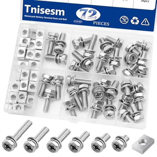 Tnisesm 72PCS Motorcycle Battery Terminal Bolts and Nuts Kit M6x10/12/14/16/18/20mm 304 Stainless Steel Battery Bolt with Square Nut for ATV Bike, Scooter Automotive Replacement Battery Terminals Ends