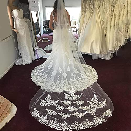 Image of SANNIDHI 3m Long Bridal Veil Wedding Veil for Bride White Lace Edge Long Cathedral Veil 1 Tier Drop Veil Bridal Tulle Hair Accessories
