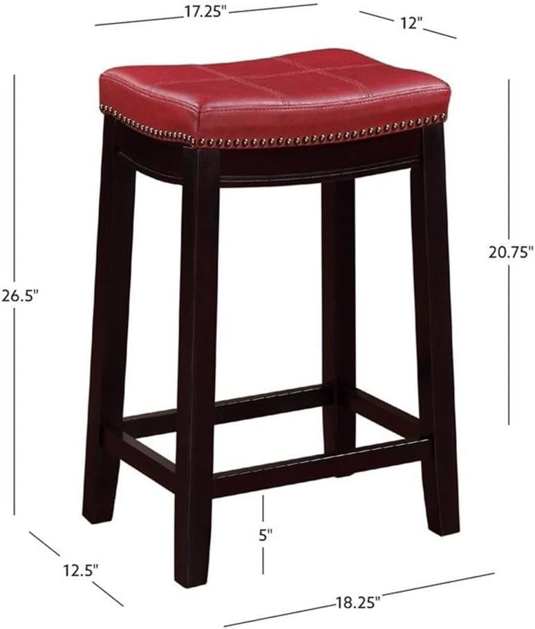 Riverbay Furniture 26" Wood Counter Stool, Dark Brown and Red Faux Leather, Nailhead Trim, Contemporary Design, 275 lb Weight Limit, 26" Seat Height, Ideal for Kitchen Counter or Home Bar Seating