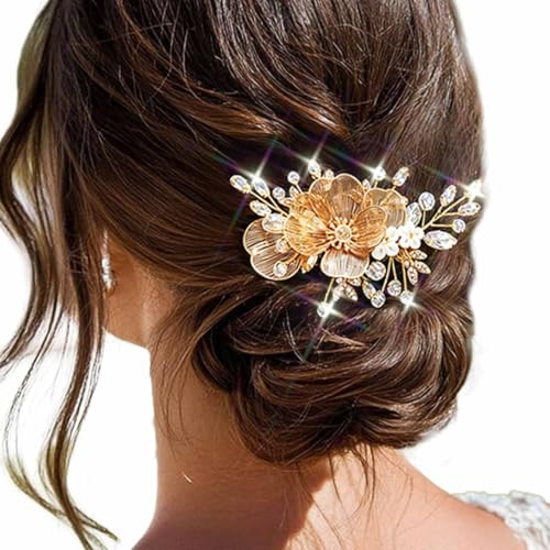 Pinza para cabello dorada con flor y cristales miniatura 1