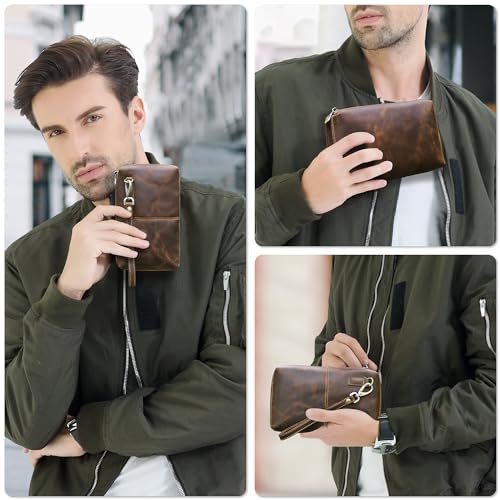 Image of Top Grain Genuine Leather Clutch Wallet with Wristlet for Man & Woman, Handmade Simple Retro Vintage Design, Multi Pockets & Card Slots, RFID Large Capacity for Cards /ID /Checks /Banknote /Phone, Coffee
