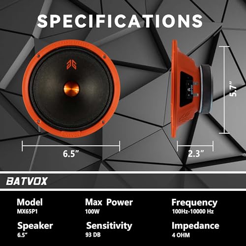 Image of MX65P1 Loudspeaker 6.5 Inch Midrange 200 Watts 4 Ohms Orange Dust Cap, Premium Quality Audio Door Speakers for Car or Truck Stereo Sound System, Orange (2 Speakers)