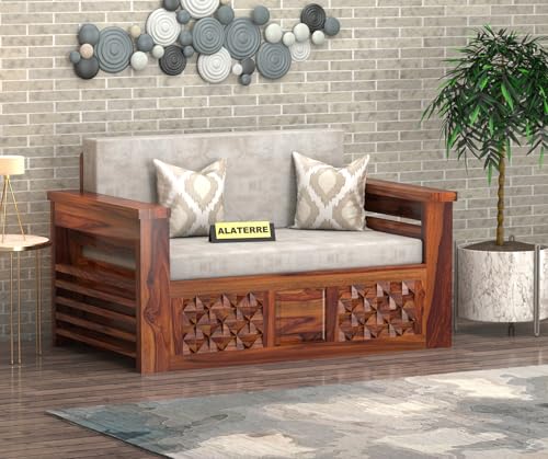Image of Solid Wood Sofa Cum Bed for Living Room | Modern Wooden Pull-Out Diwan Bed with Cushioned Seating | Convertible 2 Seater Sofa Bed for Home & Guest Room (Honey Finish)