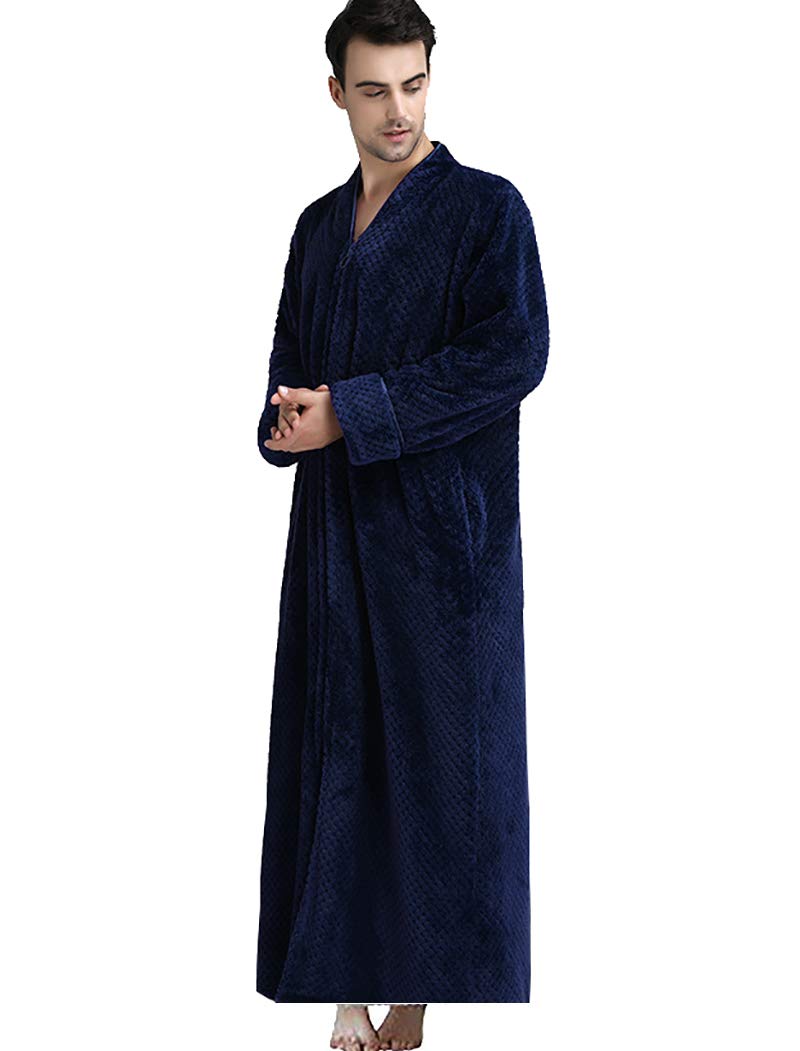 Daoba Men's Bathrobe Premium Flannel Fleece Plush Caftan Soft Long Robe Warm Housecoat Zip Front Man Navy