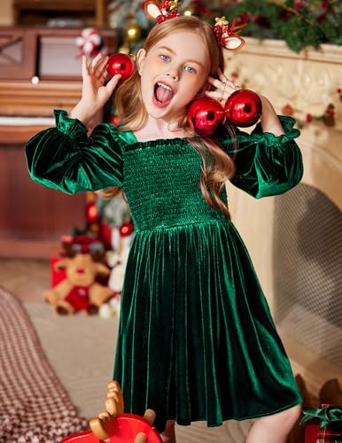 Arshiner BAS006293_EV_130 Little Girls Velvet Dress Toddler Square Neck Puff Long Sleeve Cute Green Christmas Party Dresses 7-8 Y thumb #4