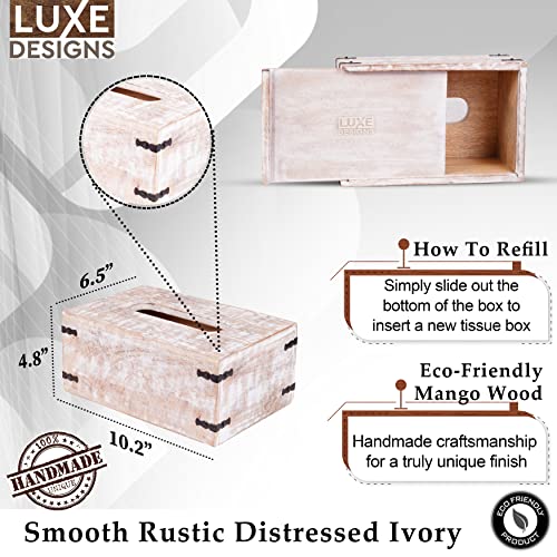 Wood Tissue Box Cover for Desktop – Vintage Rectangle Tissue Holder w/Slide Out Bottom for Refills – Desktop Tissue Holder – Rustic White Wood Pieces for Home Office Decor – 6.4” X 10.2” X 4.5”