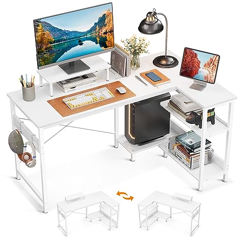 ODK L-Shaped Desk, White, Corner Desk with Shelf, Reversible, 120 x 80 x 75 cm, Computer Desk, L Shape with Monitor Stand, Gaming Table, L Shape with Bookshelf, PC Corner Table, Office Table for Home