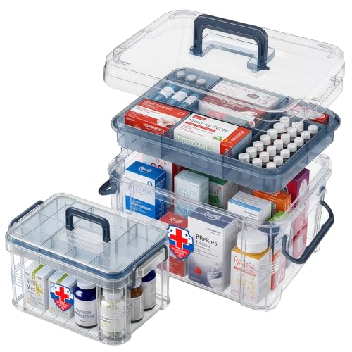 Image of 2 Pack Clear Medicine Organizer Box with Handle, Plastic Medicine Container with Tray First Aid Box Empty, Thickened Medicine Storage Organizer Multipurpose Medication Organizer Storage, Blue