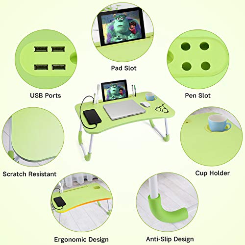 Image of Slendor Foldable Lap Desk with Cup Holder for Bed, Couch, Floor | Portable,with USB Light, Fan, Pen Holder,Tablet Holder,for Laptop,Writing,Eating, Green