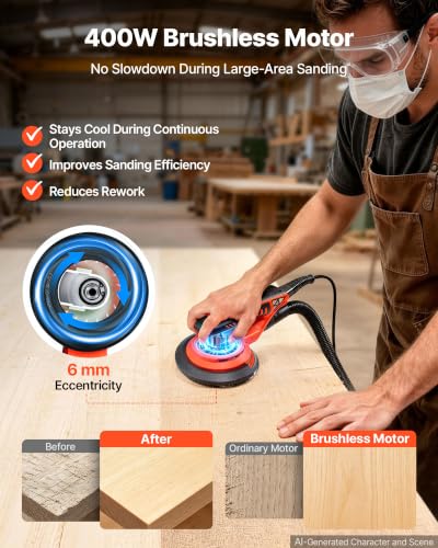 Image of VEVOR 5 & 6-Inch Random Orbital Sander 400W Brushless Orbital Sander, 4000-10000RPM 7 Speeds Electric Palm Sanders with 20PCS Sandpapers, Dust Bag & Vacuum Hose for Woodworking Detailing Sanding