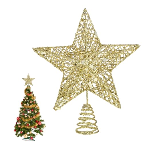 COMNICO Estrella Dorada Brillante Hueca para la Copa del Árbol de Navidad, 5 Puntas, Decoración del Árbol de Navidad, 25 cm